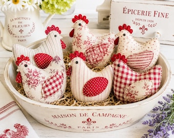 Patrón de costura de tela estilo granja francesa con diseño de gallina, relleno para cuencos, decoración rústica de cocina campestre en formato PDF.