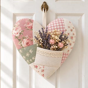 Puede incluir: Un colgante de pared de tela en forma de corazón con un diseño de patchwork de flores rosas, flores verde salvia y cuadros rosas. Un pequeño bolsillo con borde de encaje crema contiene un ramo de lavanda seca, paniculata y flores rosas.
