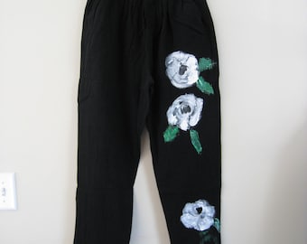 Women's Upcycled Linen Blend Pants, Hand Painted Casual Pants Black Medium, Art to Wear, Wearable Art