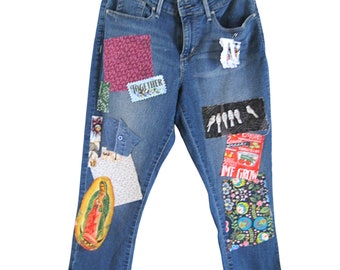 One of a Kind Boho Patchwork Jeans, Upcycled Denim Capris, Hippie Fashion, Wearable Art Jeans, 31" waist