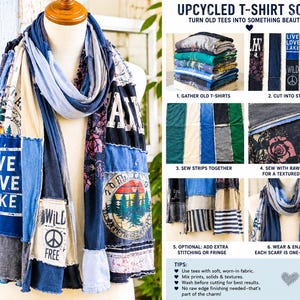 Peut inclure: Une écharpe en t-shirts recyclés composée de bandes de tissu bleues, crème et noires aux bords bruts. L'écharpe présente des motifs imprimés dont le texte 'LIVE LOVE LAKE', 'WILD FREE' et une scène forestière. Un guide en six étapes est inclus.