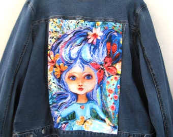 Women's Embellished Upcycled Jean Jacket, Plus Size XXL, XXXL, Denim Contemporary Jacket, Coat, Art to Wear Outerwear