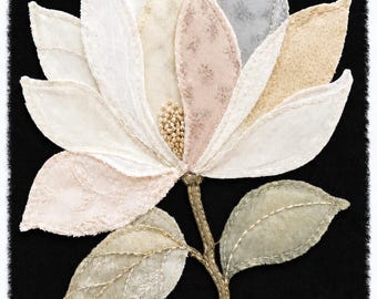 Magnolien-Stickmuster (langsamer Stich) / Elegante Textilcollage / Applikation mit offener Kante / Nähvorlage