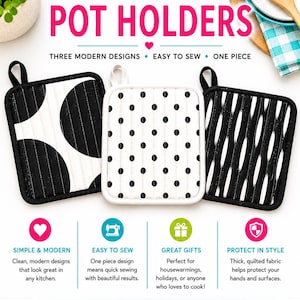 May include: Three square quilted pot holders featuring black and white patterns: large black circles, small black polka dots, and vertical black brushstrokes. Each pot holder has a black or white fabric loop for hanging, displayed with text.