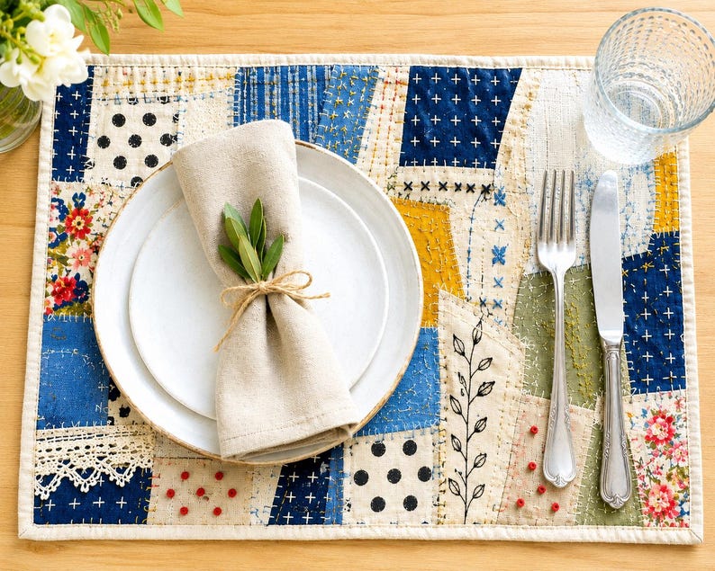 Op de afbeelding: Een rechthoekige gewatteerde placemat met een patchworkontwerp van blauwe, cr&egrave;mekleurige en gele stoffen vierkanten met zichtbaar handgestikt borduurwerk, bekroond met een wit keramieken bord, een beige linnen servet, een zilveren vork en een mes.
