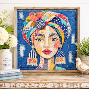Fabric Collage Woman Pattern | Textile Portrait Tutorial | Slow Stitch PDF | Denim Quilt Art | Fiber Art Sewing Pattern Digital