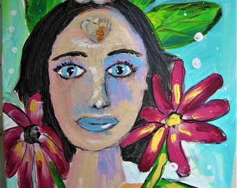 Original Whimsical Woman Portrait Painting; Mixed Media Female Eve/ Garden of Eden; Modern Contemporary Art; Floral Women