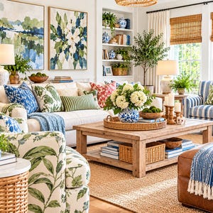 May include: A living room featuring a white sofa with blue and green patterned cushions, a wooden coffee table with a woven tray, a blue and white floral vase with white hydrangeas, and a leather ottoman with a blue and white fringed throw blanket.