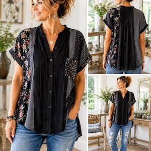 May include: A short-sleeve button-down shirt featuring a patchwork design with black, floral, and pinstriped panels. The shirt has a mandarin collar, a single chest pocket, and a relaxed fit, paired with blue distressed denim jeans.