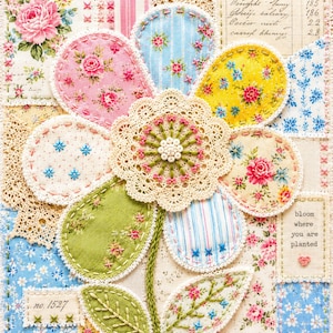 Patroon voor een bloem met langzame steek (PDF) | Applicatie met rafelige rand | Bloemenhandleiding van stof | Handborduurwerk | Vintage textielkunst | Printbaar