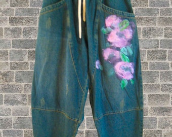 Hand Painted Jeans, Women's Denim Harem Pants, Bohemian Clothing Flowers, L/Xl, One of a Kind Pants