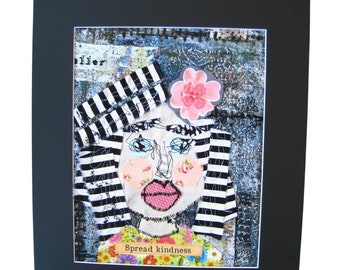 Fabric Collage, original One of a Kind Textile Wall Art, Mixed Media, Art Quilt Quirky Woman, Suzanne