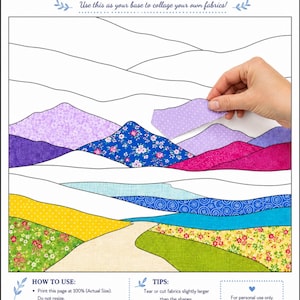 May include: A PATCOL collage landscape base pattern featuring a printed outline of hills and fields. The design includes sections filled with various floral and patterned fabric swatches in purple, blue, pink, yellow, and green colours.
