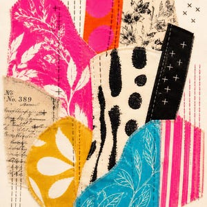 May include: A textile collage featuring various fabric scraps with diverse patterns including hot pink leaves, orange polka dots, black floral prints, mustard yellow petals, and blue leaves. The piece includes black script text and hand-stitched details.