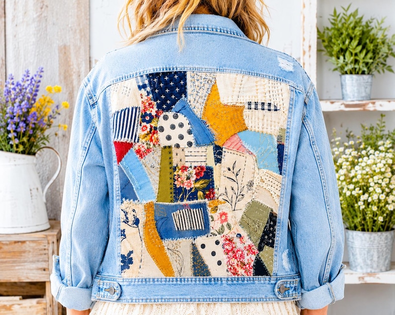 Op de afbeelding: Een lichtblauw spijkerjack met een groot achterpaneel bestaande uit diverse stoffen lapjes in blauw-, geel-, wit- en groentinten. Het patchwork bevat bloemmotieven, stippen, strepen en effen patronen met zichtbare stiksels.