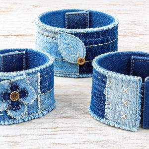 Naaipatroon en handleiding voor denim manchetten | Upcycled jeans polsmanchet (PDF) | Stoffen armband zelf maken | Klittenbandsluiting | Naaien van reststof