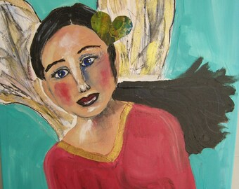 Original Angel Portrait Painting; Folk Art Woman; Contemporary Female Angel Artwork; Figurative Inspirational Art; The Watcher