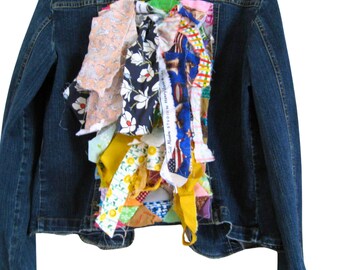 One of a Kind Boho Hippie Jean Jacket, Denim Embellished Patchwork Shabby Chic Jacket, Small