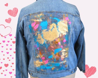 Hand Painted One of a Kind Women's Jean Jacket. Upcycled Wearable Art, XL, Expressive Abstract Painting