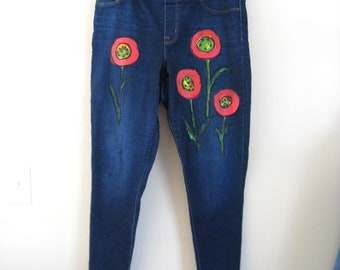 Hand Painted Upcycled Women's Quality Jeans, Size 12, Slim Leg Stretch Jean, Wearable Art, Art to Wear