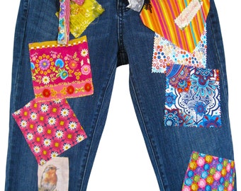 One of a Kind Bohemian Patchwork Denim Capris, Upcycled Jeans, Hippie Fashion Upcycle Art to Wear