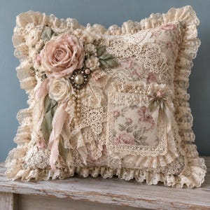 May include: A square decorative pillow featuring a floral print fabric base, layered with intricate cream-colored lace, ruffled edges, and a cluster of fabric roses. A central brooch with a faux pearl and dangling beads accents the floral arrangement.