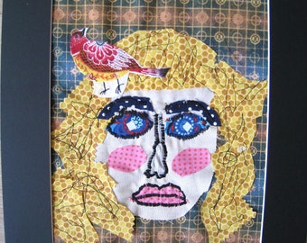 Fabric Collage, original One of a Kind Textile Wall Art, Mixed Media, Art Quilt Quirky Woman, Vena