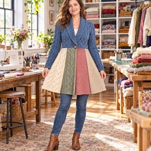 May include: A long-sleeved cardigan featuring a blue cable-knit bodice with a shawl collar and a single button closure. The flared skirt section is composed of multi-colored panels in cream, sage green, dusty rose, and beige with varied knit textures.