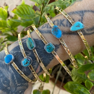 Brass and Turquoise Wire Patterned Cuff Bracelets