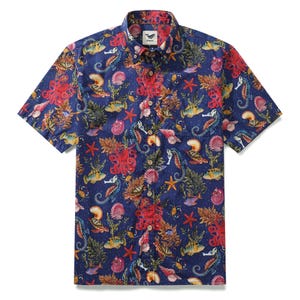 Dark Blue Fish Hawaiian Shirt Men’s Marine Life Button-down Shirt 100% Cotton Octopus Seahorse Gift