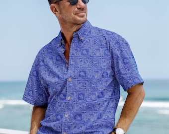 Men’s Hawaiian Shirt 100% Cotton Short Sleeve Button-Down – Line Drawing Print