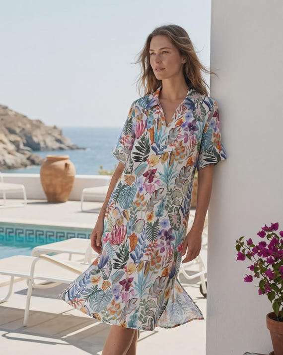 ladies tropical print dresses Women's V-neck Dress | Linen Rayon H&-painted tropical outfits for ladies