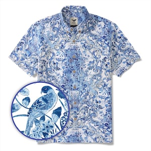 Men&#39;s Hawaiian Shirt Short Sleeve Button-down 100% Cotton Blue Floral Porcelain Aloha Shirt