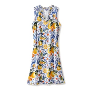 Sicilian Lemon Hawaiian Dress for Women – Rayon, Blue Tile Print, Summer Gift Idea