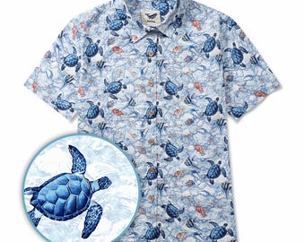 Blue Hawaiian Shirt: Wandering Turtle Print, Cotton Aloha Shirt