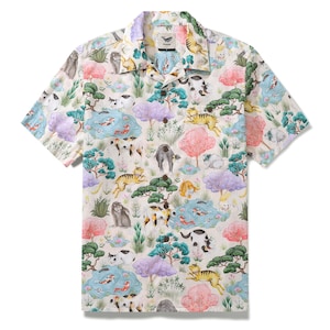 Men&#39;s Ukiyo-e Cat Print Hawaiian Shirt: Japanese Cotton Camp Collar
