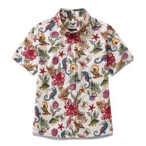 Women’s Hawaiian Shirt – Marine Life Print Button-Up – Cotton Short Sleeve Beachwear