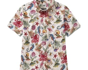 Camicia hawaiana da donna con stampa a tema marino, abbottonatura frontale, maniche corte, in cotone, ideale per la spiaggia.