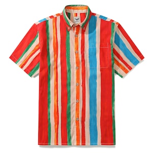 Striped Hawaiian Shirt: Retro 100% Cotton Camp Collar Aloha Shirt