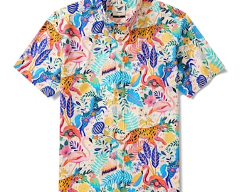 Camisa hawaiana de manga corta para hombre, con botones, 100% algodón, estampado de la selva con flamencos, loros y leopardos.