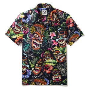 Tiki Hawaiian Shirt – 100% Cotton Men&#39;s Camp Collar Aloha Shirt