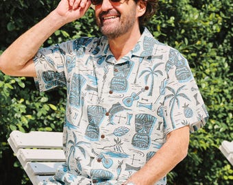 Camicia hawaiana Tiki dipinta a mano: camicia Aloha con colletto alla coreana 100% cotone.