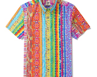 Men's Rainbow Hawaiian Shirt: Geometric Print Cotton Aloha Shirt
