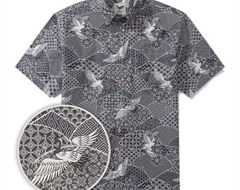 Camicia hawaiana in cotone: stampa gru e totem - bottoni in cocco