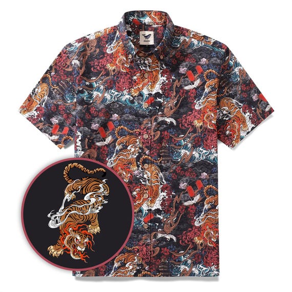 トップス 50s picture print aloha shirt vintage L Vintage 1950s Hawaiian Aloha Shirt: Tiger Print Cotton Short