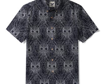 May include: Dark navy short-sleeved shirt featuring a white skull and spiderweb design. The shirt has a button-down collar and wooden buttons. A small logo is visible on the collar.