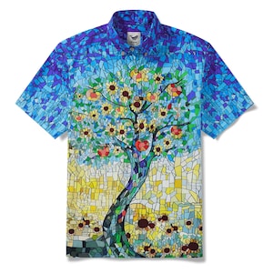 Men&#39;s Hawaiian Shirt Cotton Blue Aloha Sunlit Glass Orchard – Short Sleeve Button Down Gift For Him