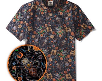Camisa hawaiana para hombre, estilo aloha, manga corta, botones, 100 % algodón, diseño de gato araña negro