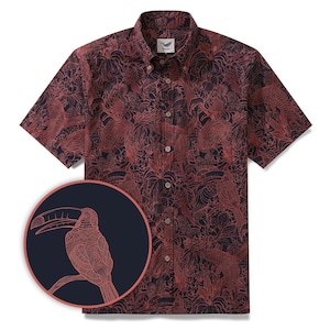 Red Hawaiian Shirt: Bird Print Cotton Aloha Shirt