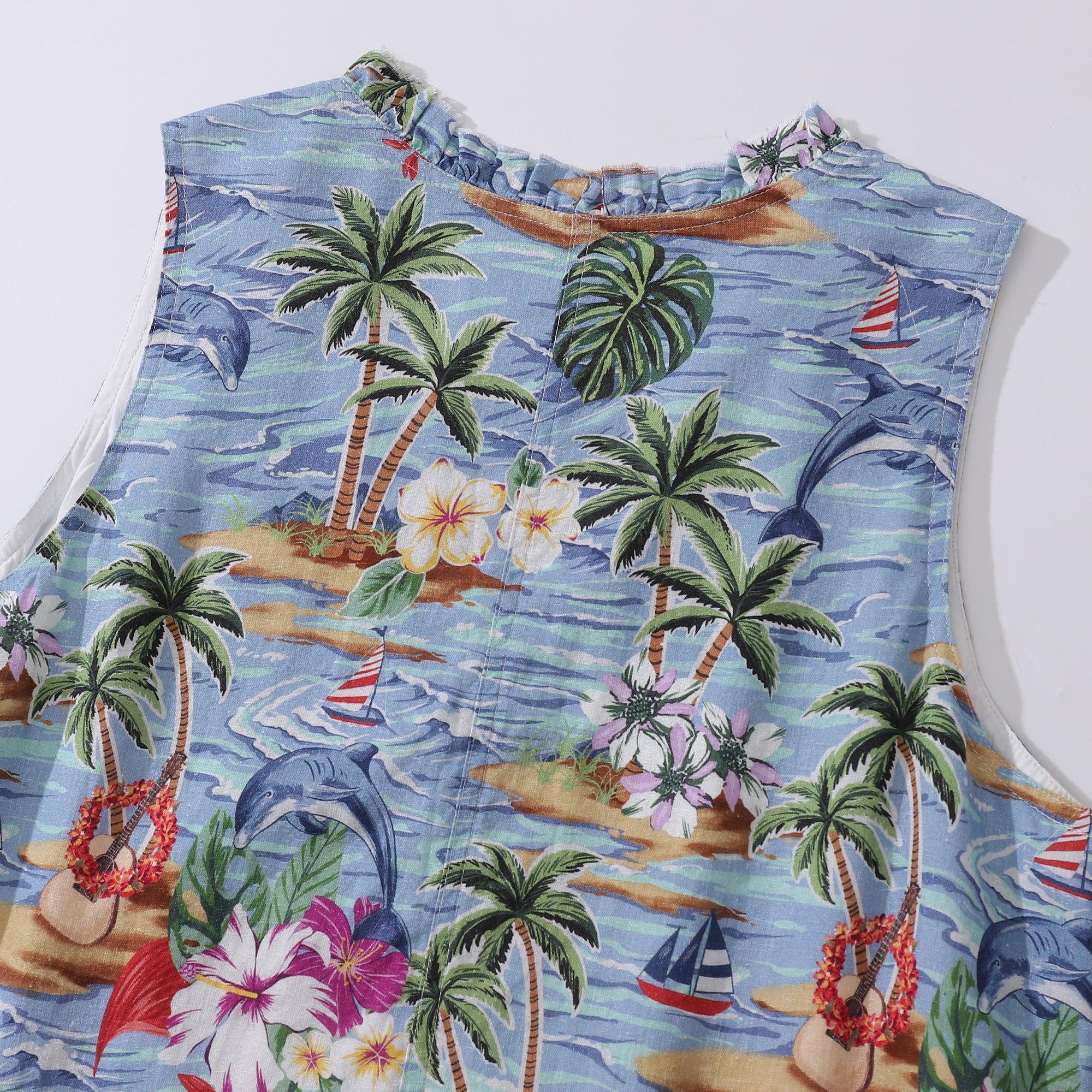 Hawaiian Linen Rayon Dress: V-Neck Summer Scenery Print